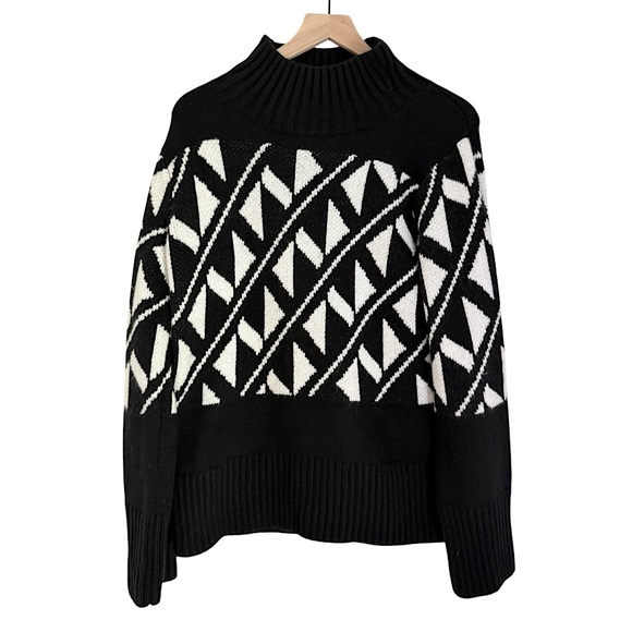 NWT Ann Taylor Wool Abstract Jacquard Turtleneck Sweater Black White Size Large - Picture 1 of 7
